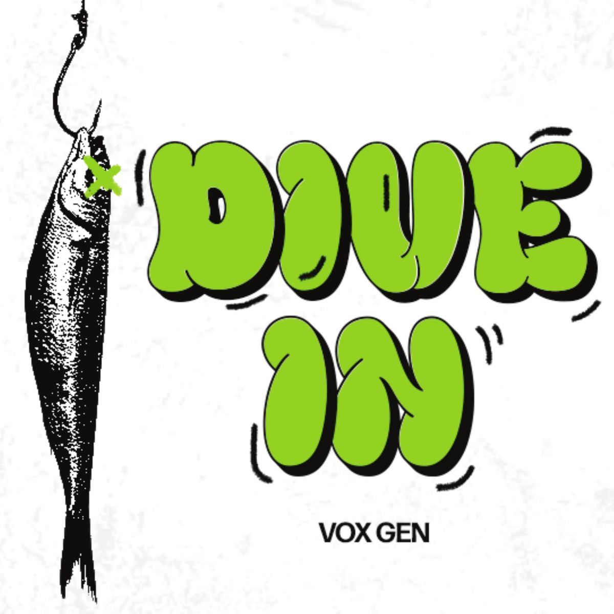 Dive In invite card front with a hooked sardine