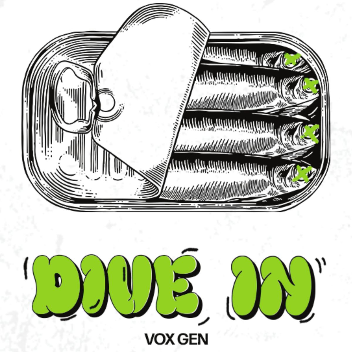 Dive In invite card front with a tin of sardines