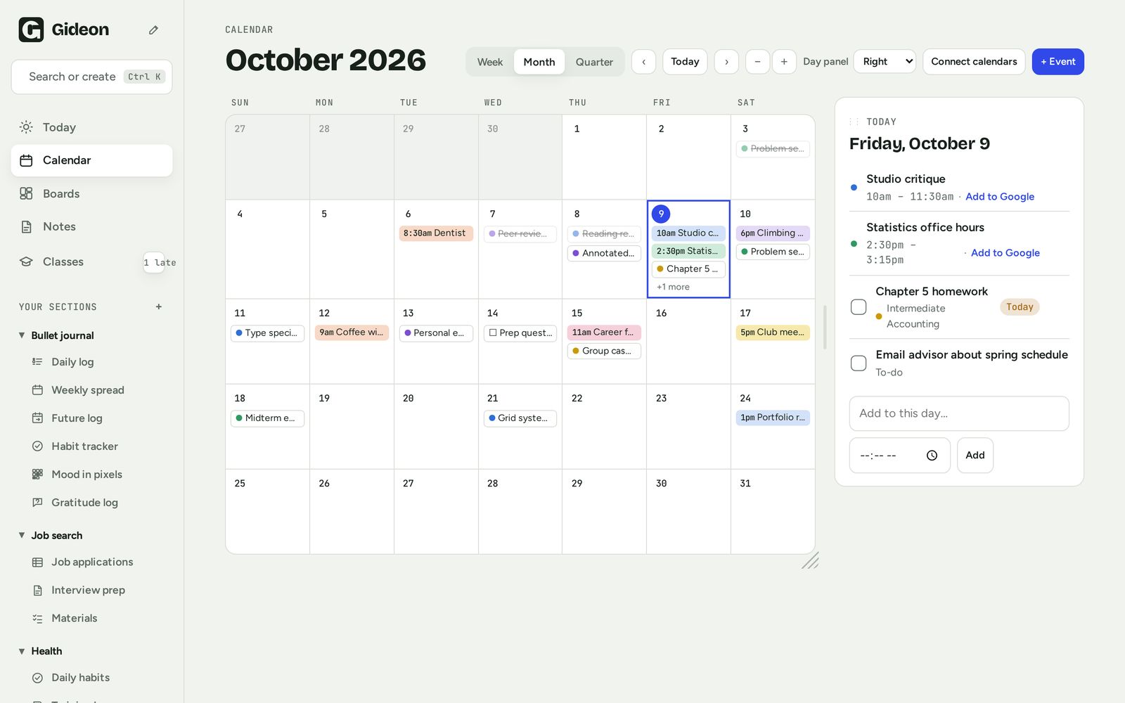 Gideon calendar, month view with a day panel