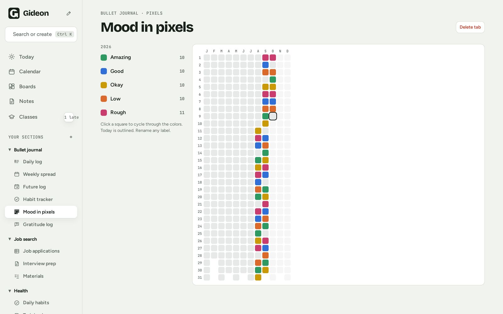 Mood in pixels year tracker
