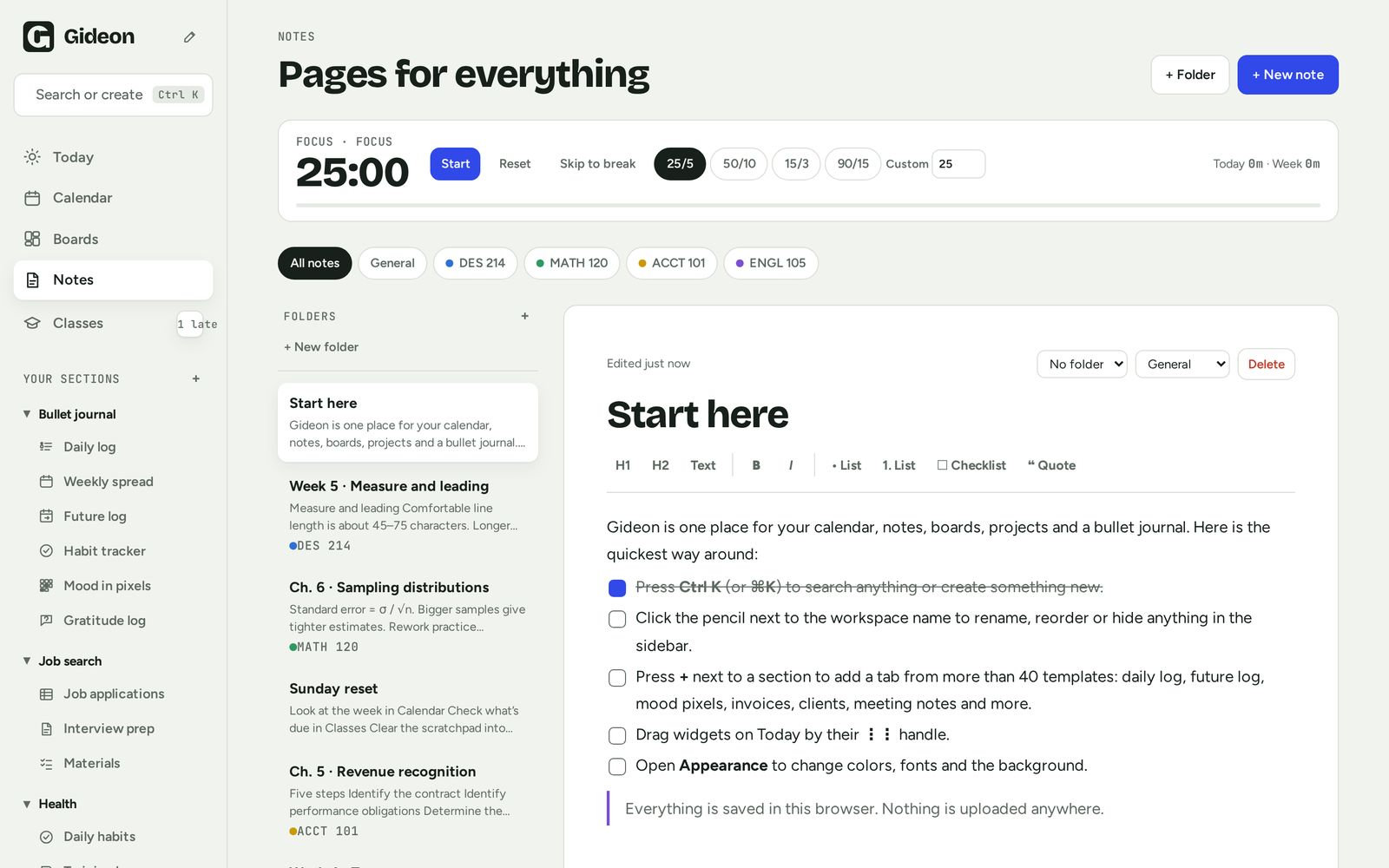 Gideon notes editor with folders and a focus timer