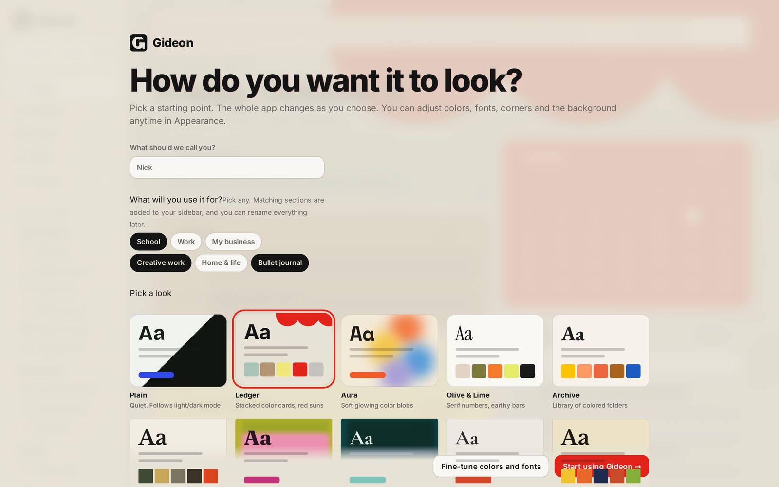Gideon onboarding asking for a name, uses and a look