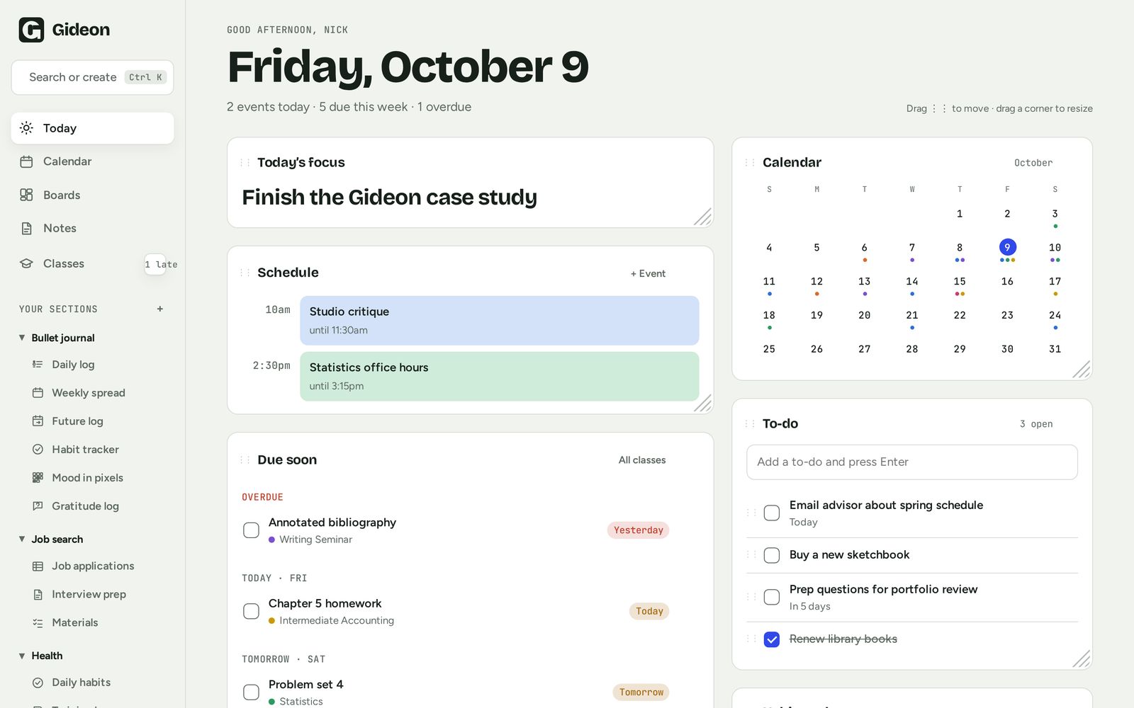 Gideon Today view with focus, schedule, calendar and to-do widgets