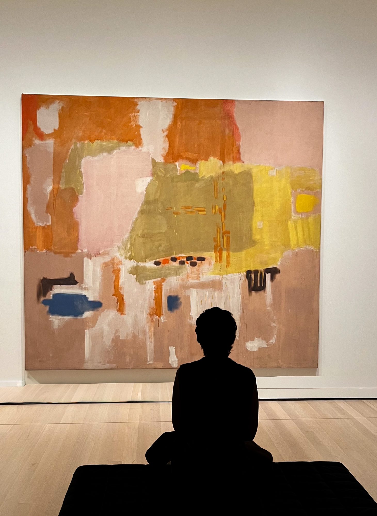 A visitor sits silhouetted in front of a large abstract painting