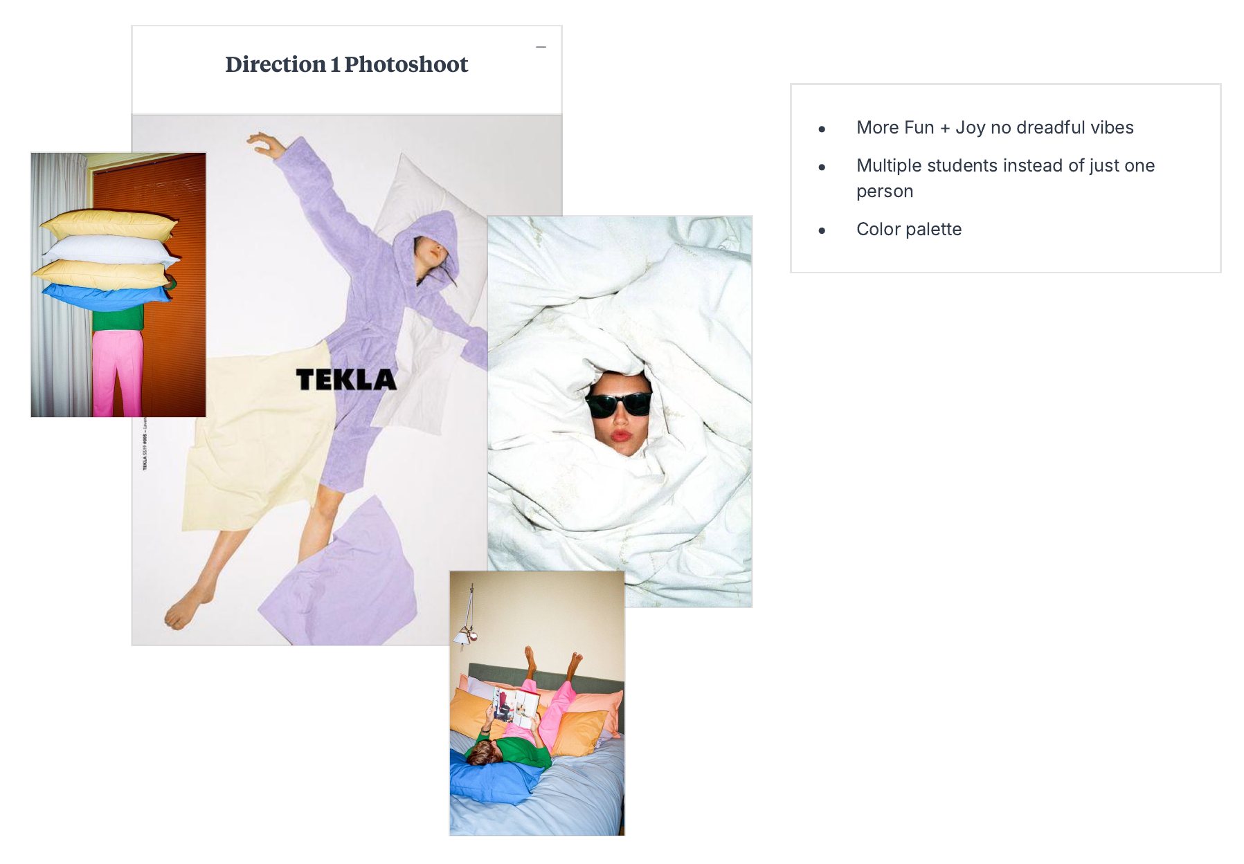 Direction board for the Pillow Fight photoshoot with bedding and pajama reference photos