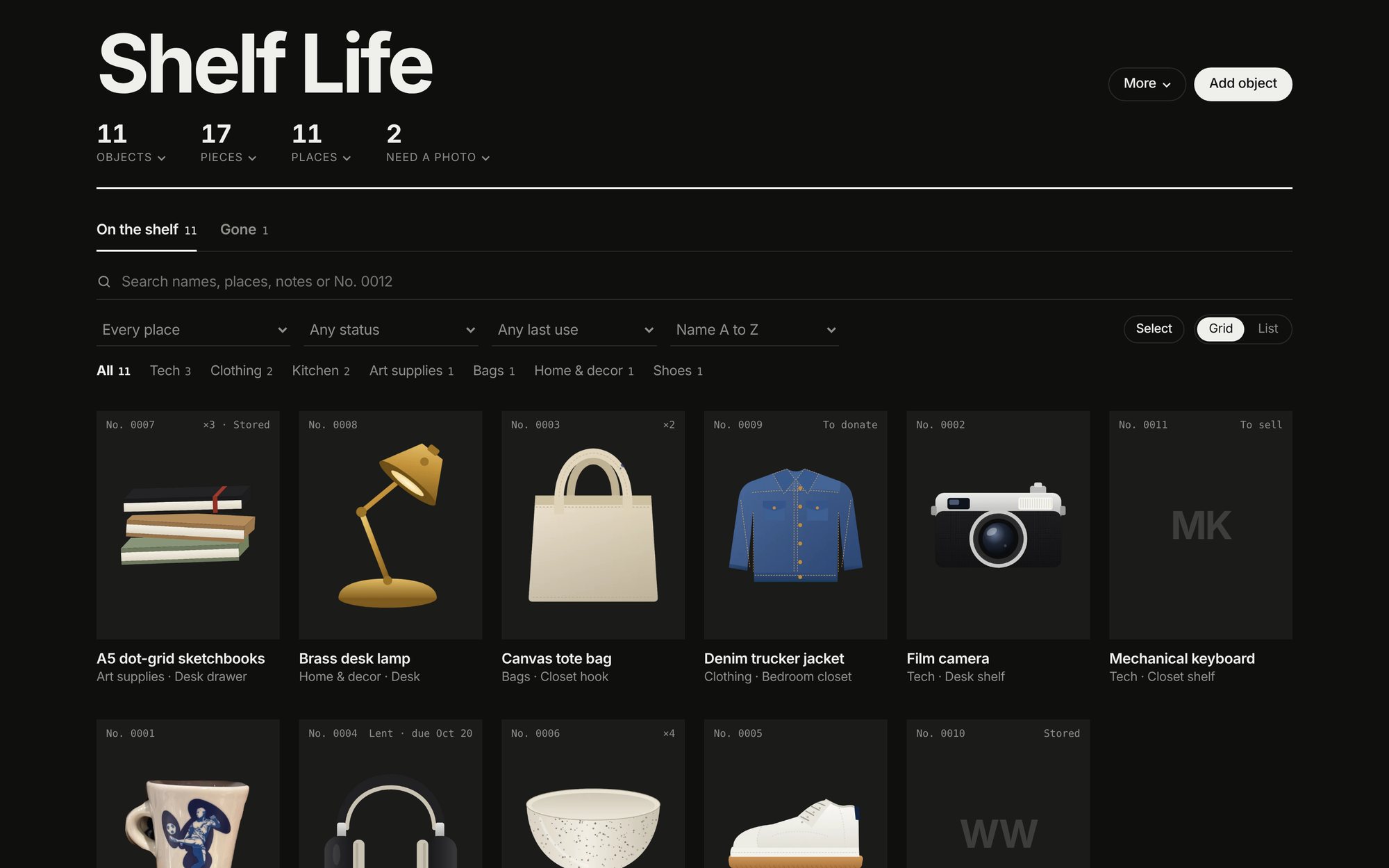 Shelf Life grid in dark mode