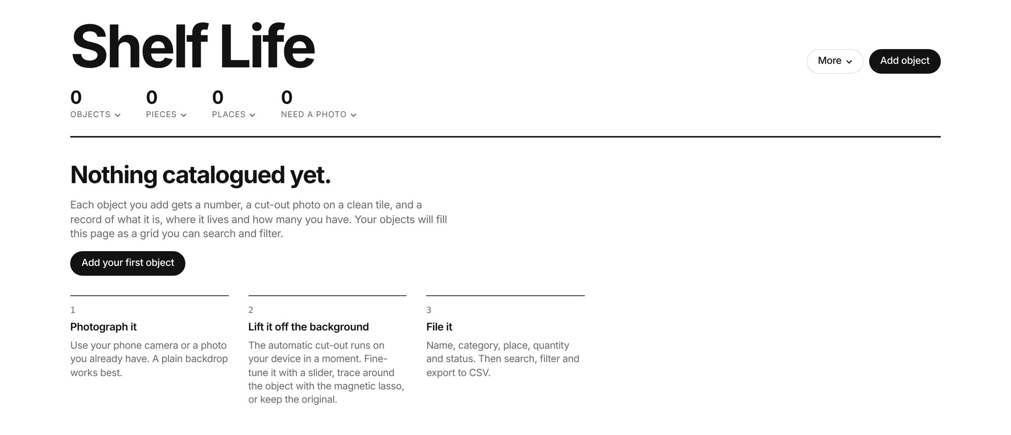 Shelf Life empty state: Nothing catalogued yet, with three steps to photograph, lift and file an object
