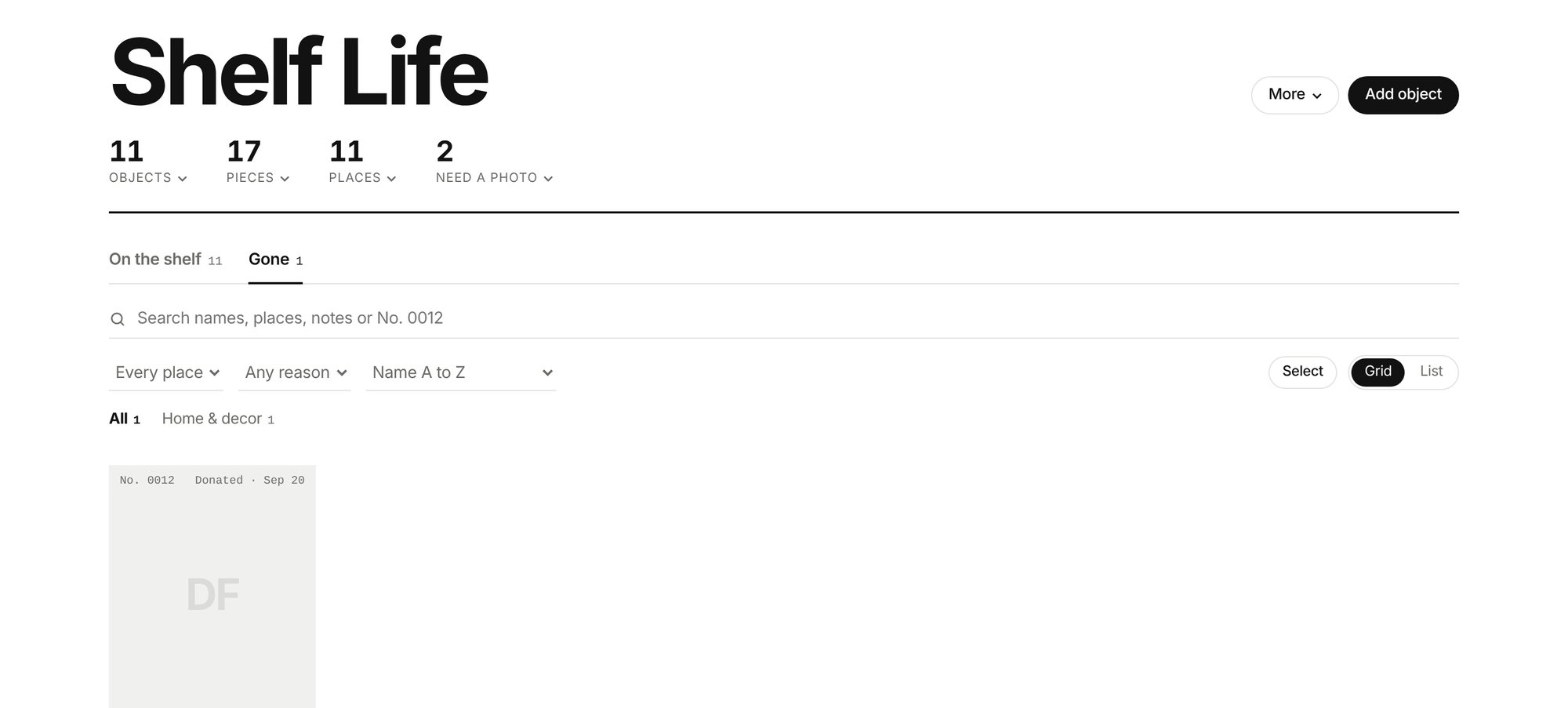The Gone tab showing a desk fan that was donated