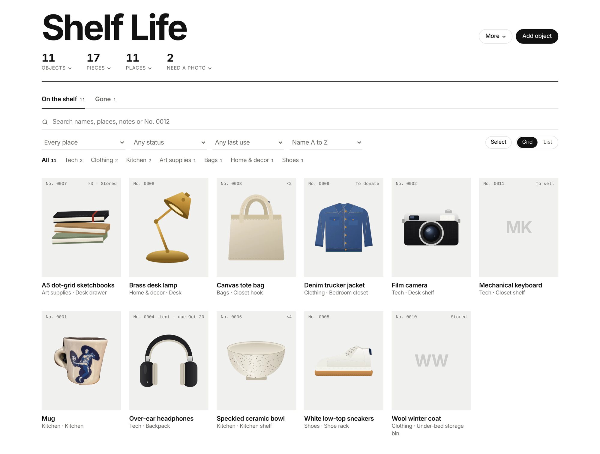 Shelf Life grid of numbered objects on neutral tiles, with counts for objects, pieces, places and photos needed