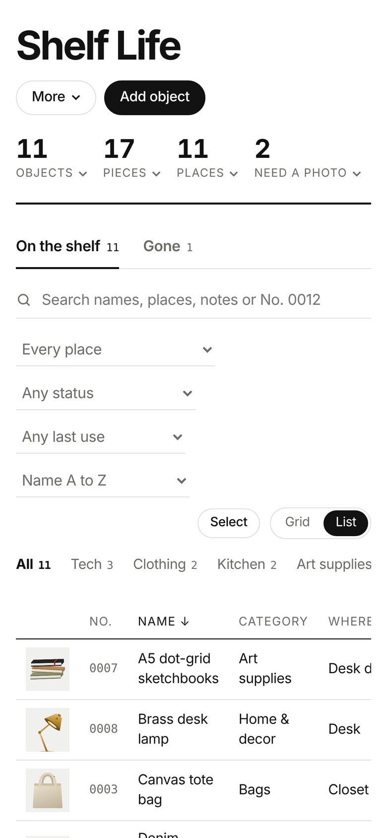 Shelf Life list on a phone