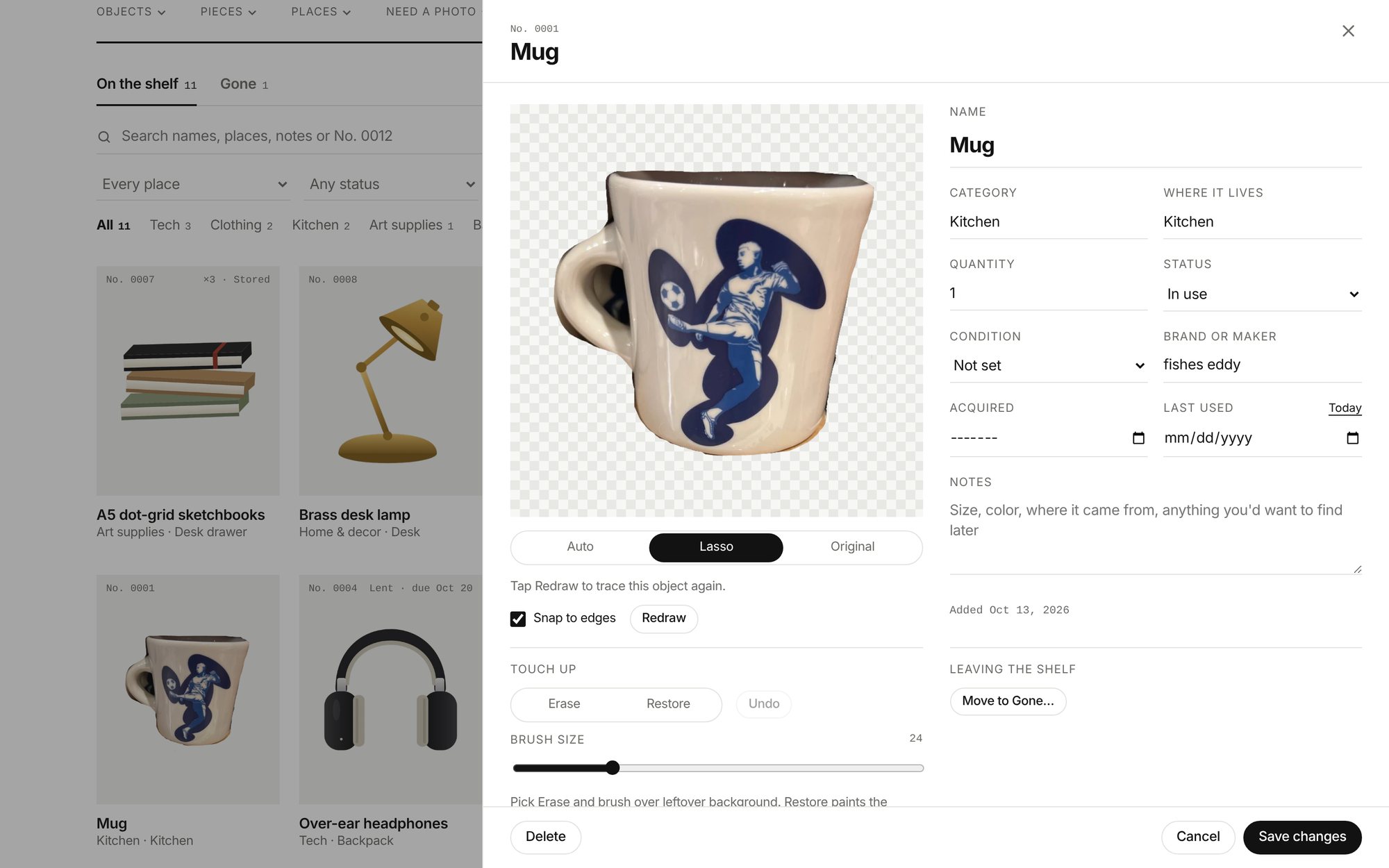 The edit sheet for the mug, with the lasso cut-out, touch-up brushes and the object's record