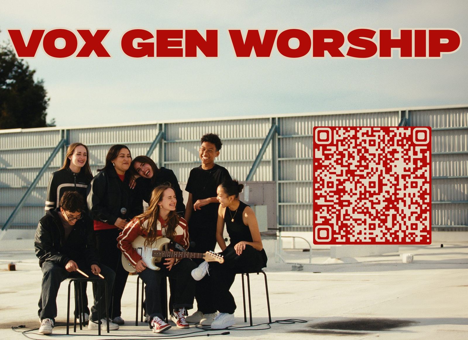 Vox Gen Worship holding screen with the band and a QR code